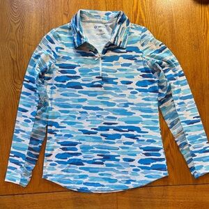 IBKUL Blue and White Abstract Zip-Up Top Size XS